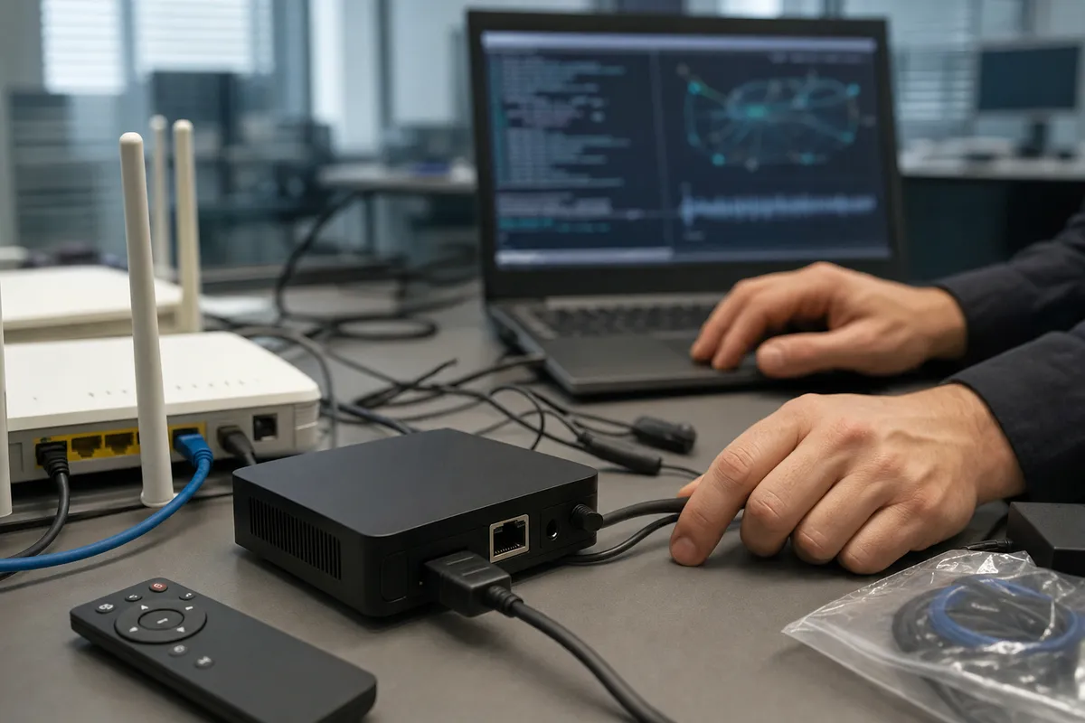 TV box nero collegato a router e laptop su una scrivania, con telecomando e cavi, mentre un tecnico lo esamina
