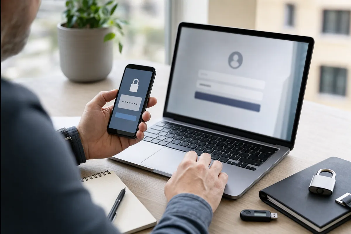 Mani che usano laptop e smartphone per accesso sicuro all’e-banking, con quaderno, chiavetta USB e lucchetto sulla scrivania