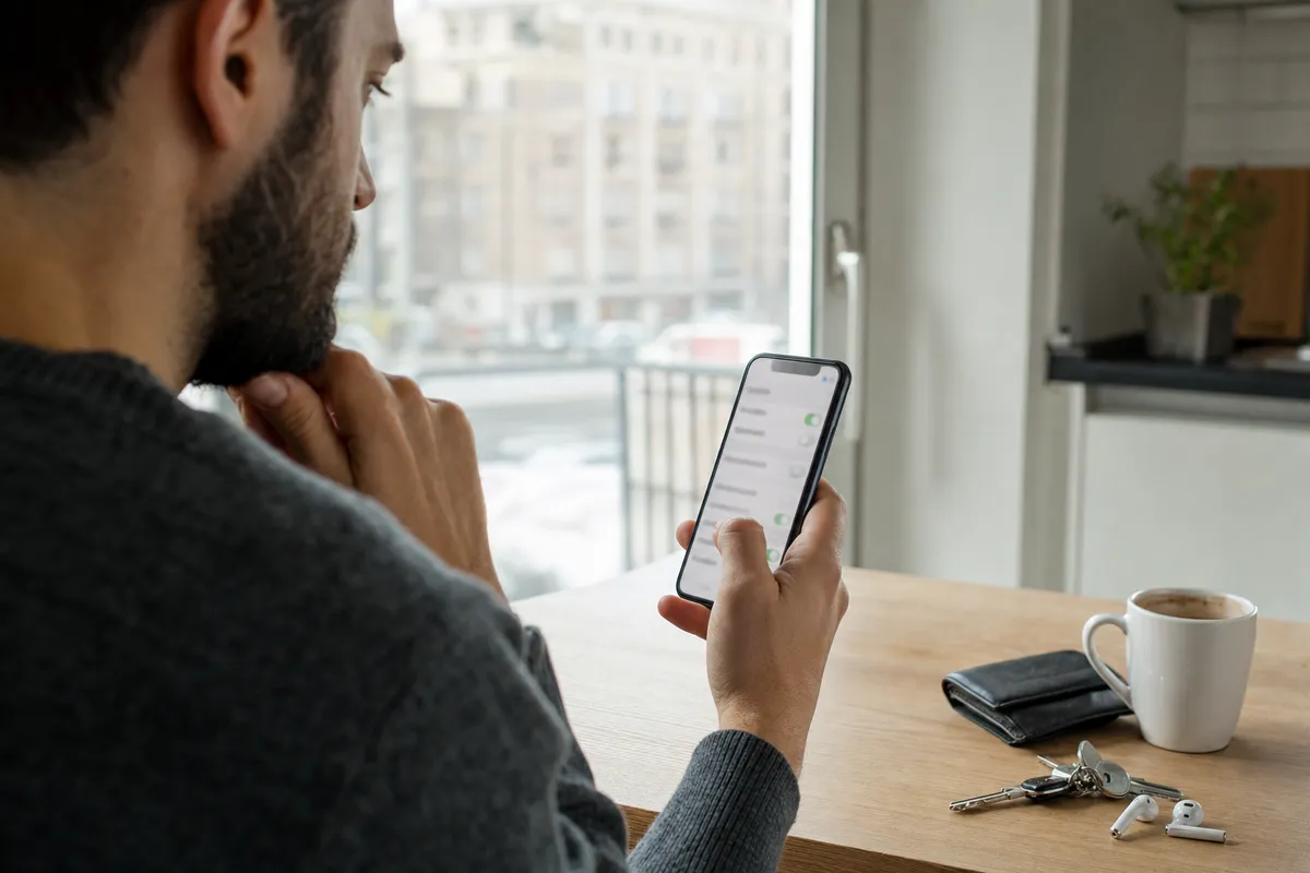 Uomo al tavolo controlla sullo smartphone le impostazioni di privacy con interruttori, con chiavi, portafoglio e tazza di