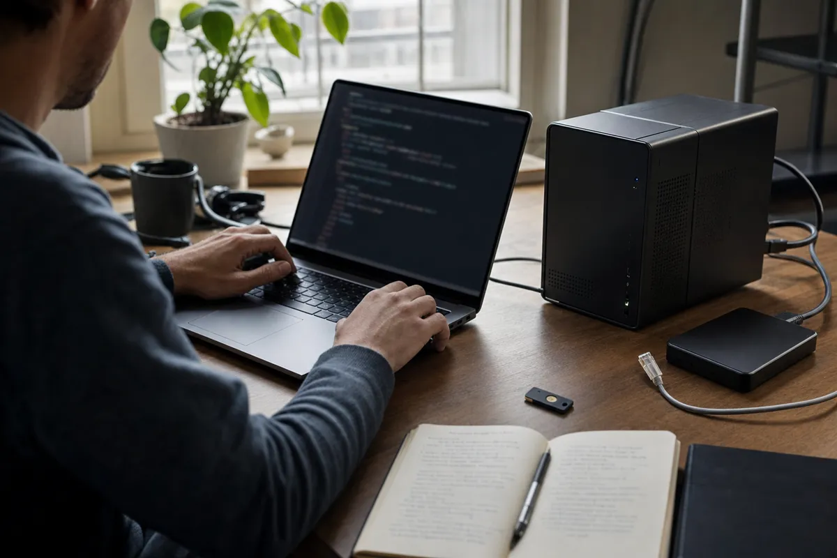 Sviluppatore al laptop con codice sullo schermo e piccolo server locale sulla scrivania