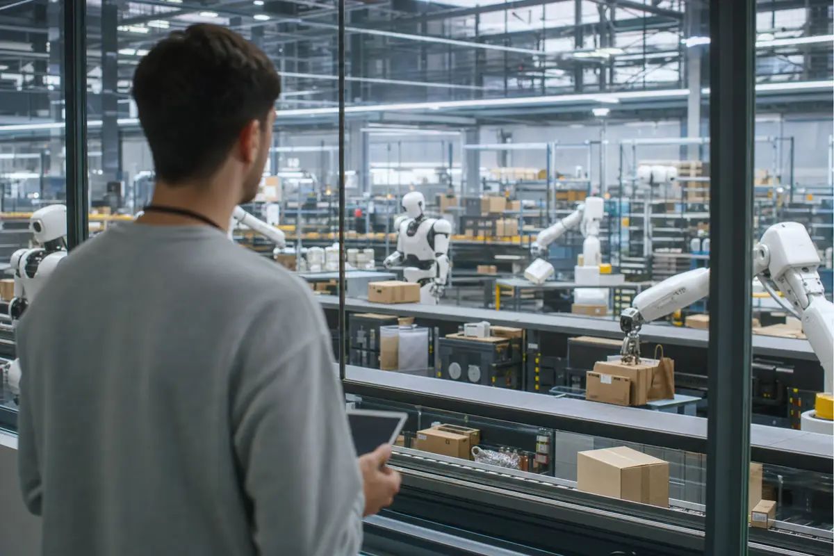 Addetto con tablet osserva dietro un vetro una linea automatizzata con robot che movimentano scatole