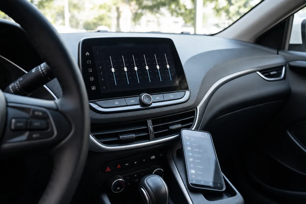Schermo infotainment in auto con equalizzatore a slider e smartphone sul tunnel centrale