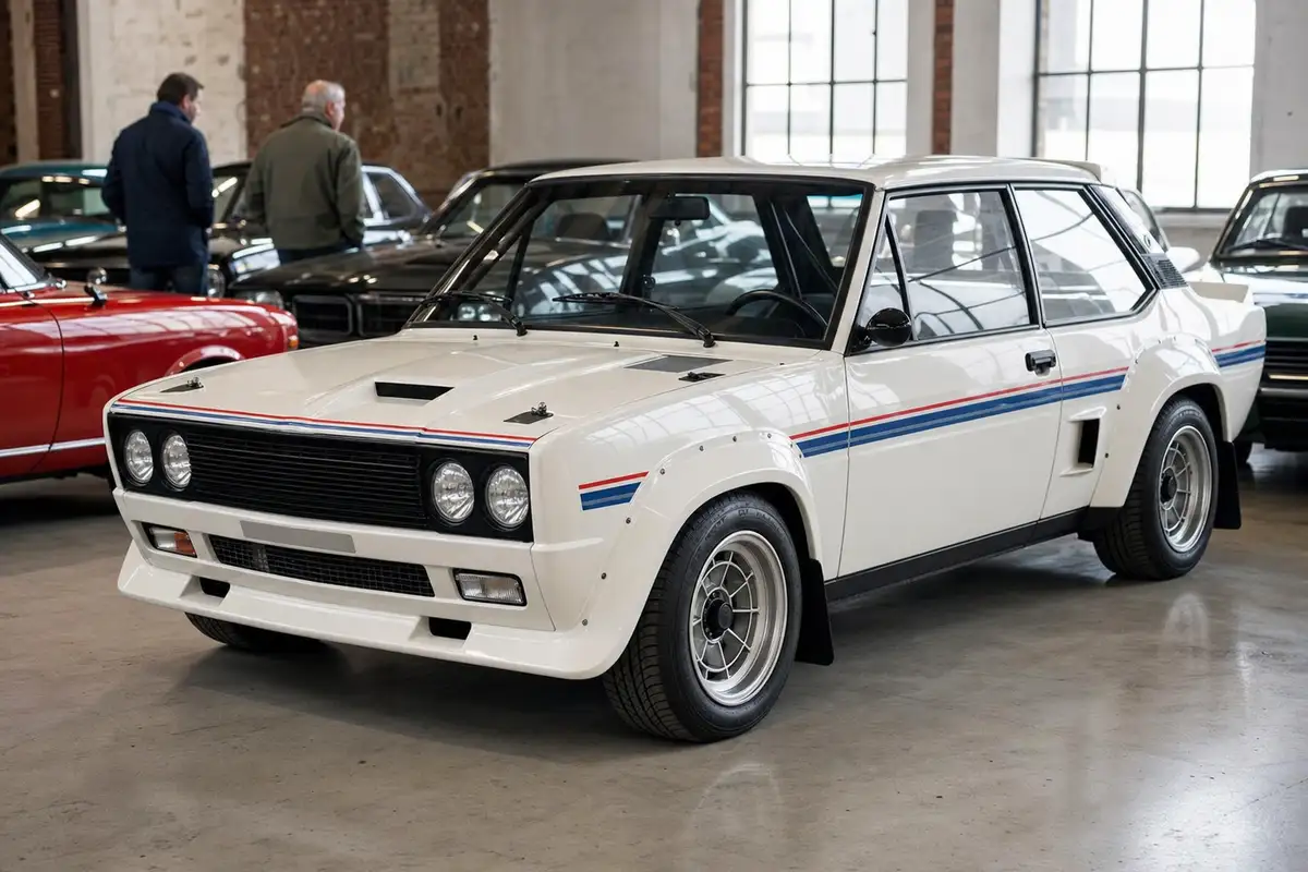 Berlina rally anni ’70 bianca con passaruota allargati e strisce rosse e blu, in un salone con auto d’epoca