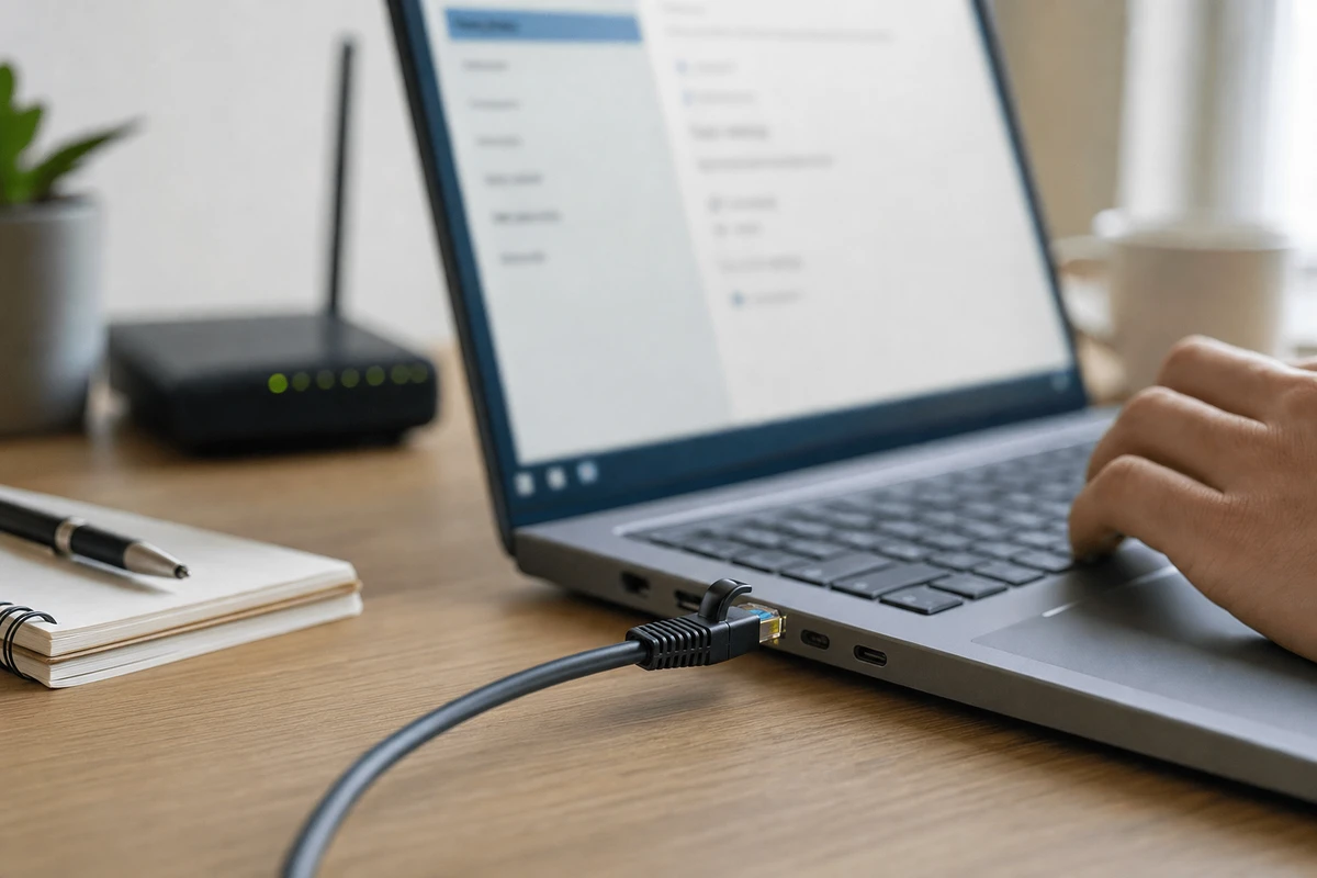 Cavo Ethernet collegato a un laptop su una scrivania, con router sfocato sullo sfondo