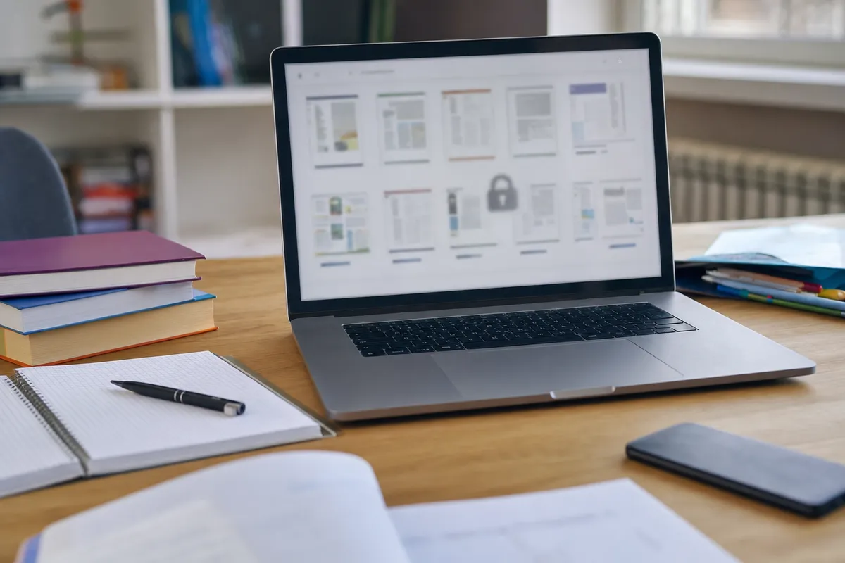 Laptop su una scrivania con interfaccia di libreria digitale sfocata e icona del lucchetto, accanto a libri e quaderni