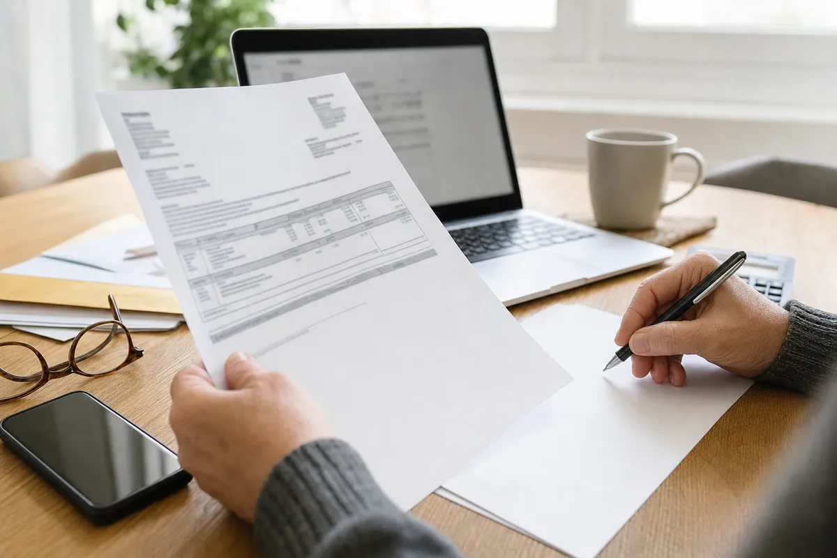Mani che controllano una fattura stampata e prendono appunti con una penna su una scrivania con laptop e tazza