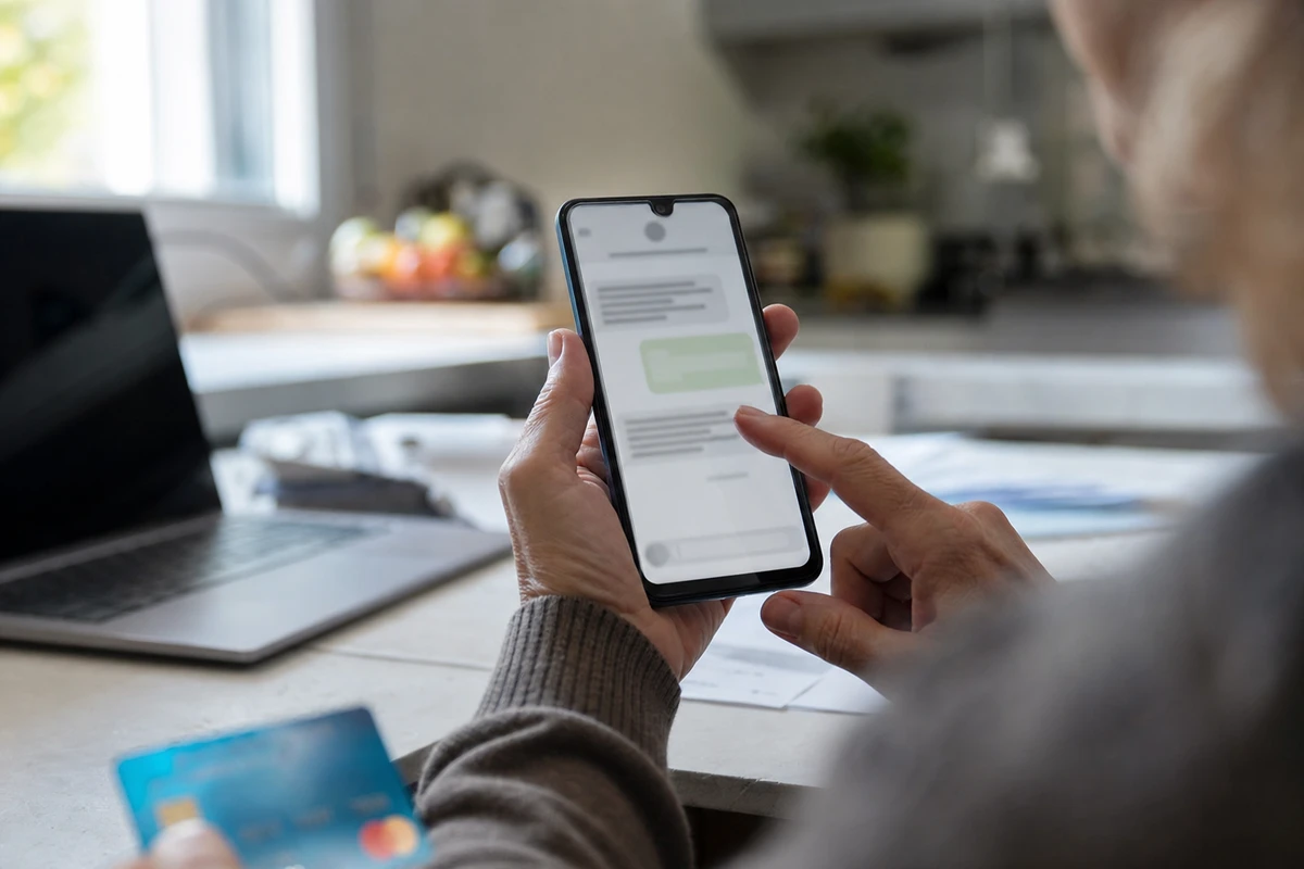 Persona al tavolo con smartphone e dito sullo schermo di un SMS, con carta di pagamento sfocata in primo piano
