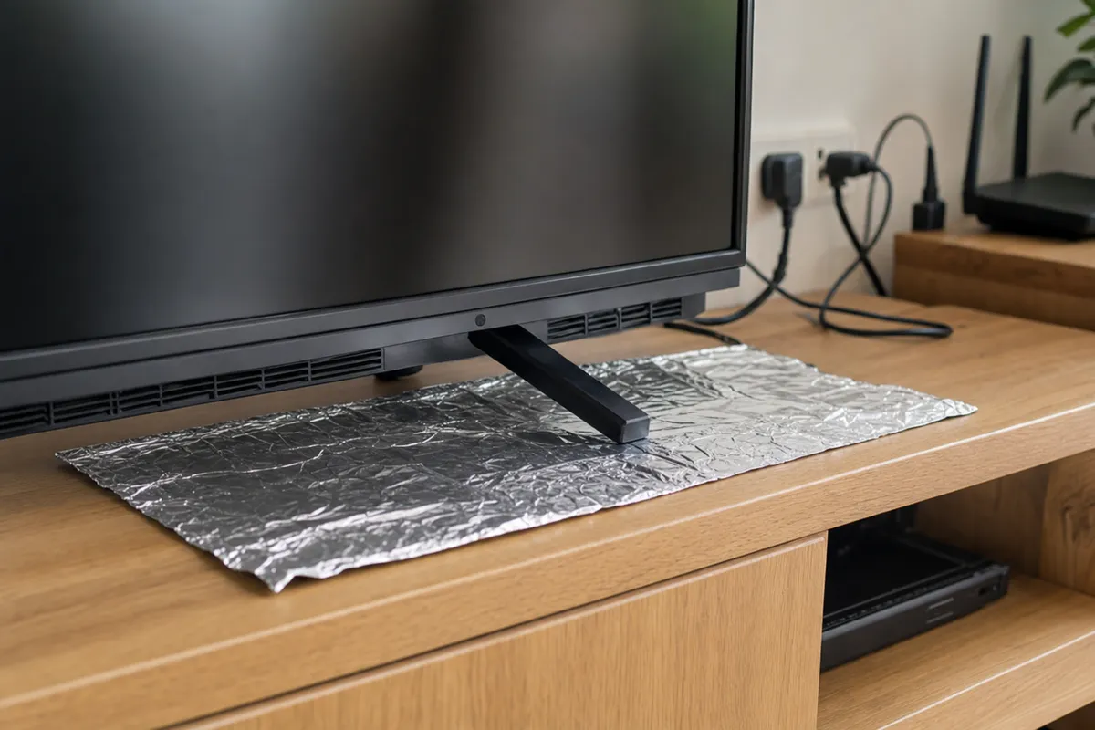Foglio di alluminio steso sul mobile sotto la base di un televisore, con cavi e presa elettrica sullo sfondo
