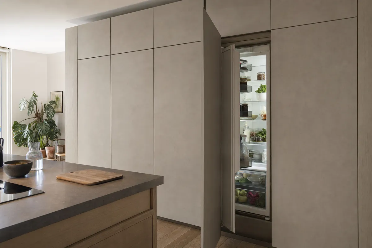 Cucina moderna con colonne a filo e frigorifero a incasso nascosto, con anta aperta e cibi ordinati all’interno