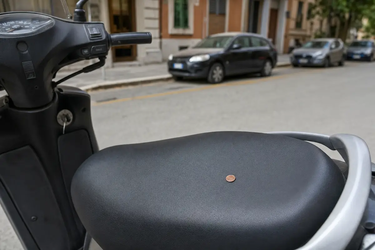 Monetina di rame sulla sella di uno scooter parcheggiato in strada, con auto sullo sfondo sfocato