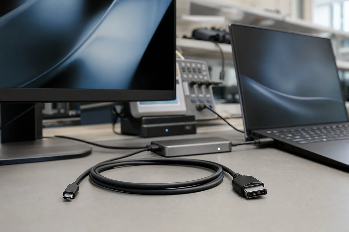 Cavo nero con connettore USB-C e connettore più grande su banco, con laptop e monitor sullo sfondo