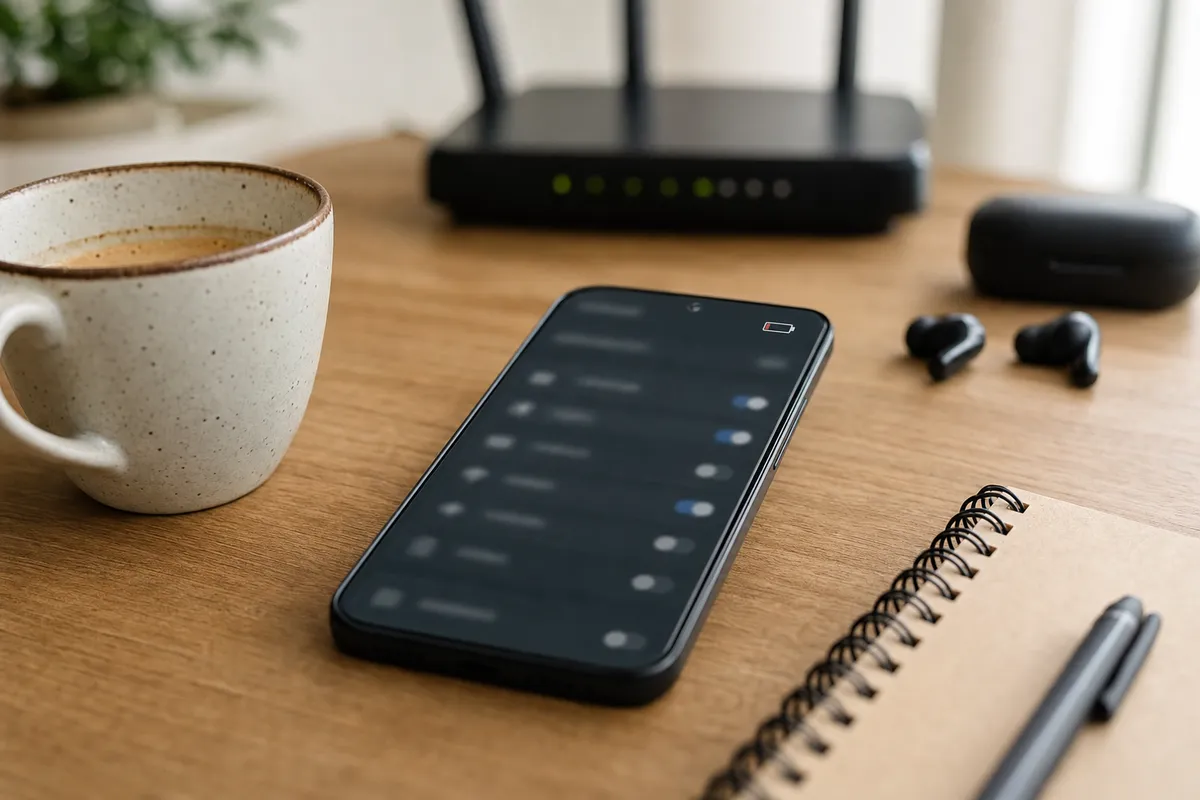 Smartphone su scrivania con schermata Impostazioni sfocata e icona batteria quasi scarica, con router e auricolari sullo