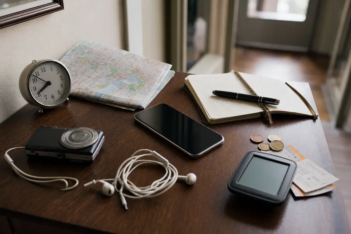 Smartphone su un tavolo con sveglia analogica, mappa piegata, fotocamera compatta, auricolari, agenda e GPS