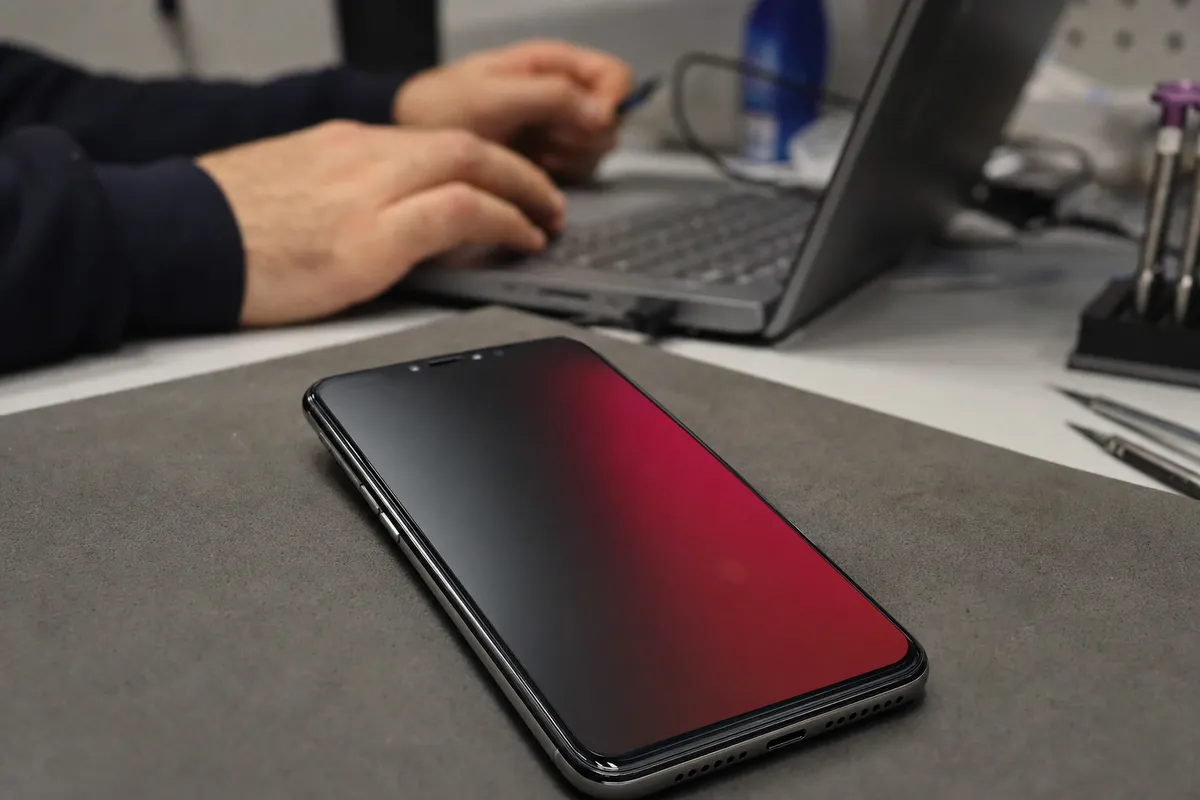 Smartphone su banco assistenza con schermo scuro e una macchia rosso-magenta su un lato, con laptop sullo sfondo