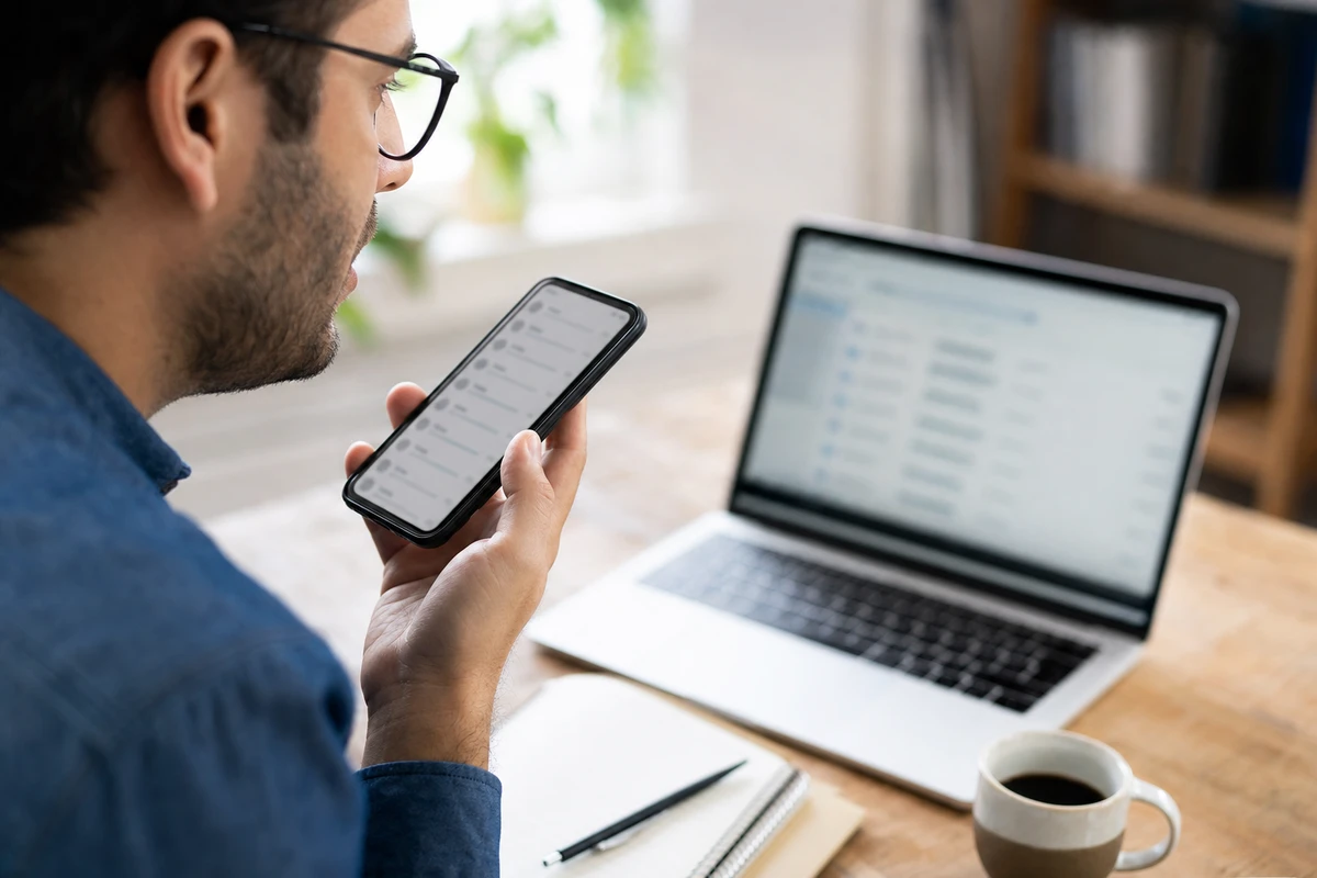Uomo con occhiali parla a uno smartphone con casella email sfocata, davanti a laptop su scrivania con taccuino e caffè