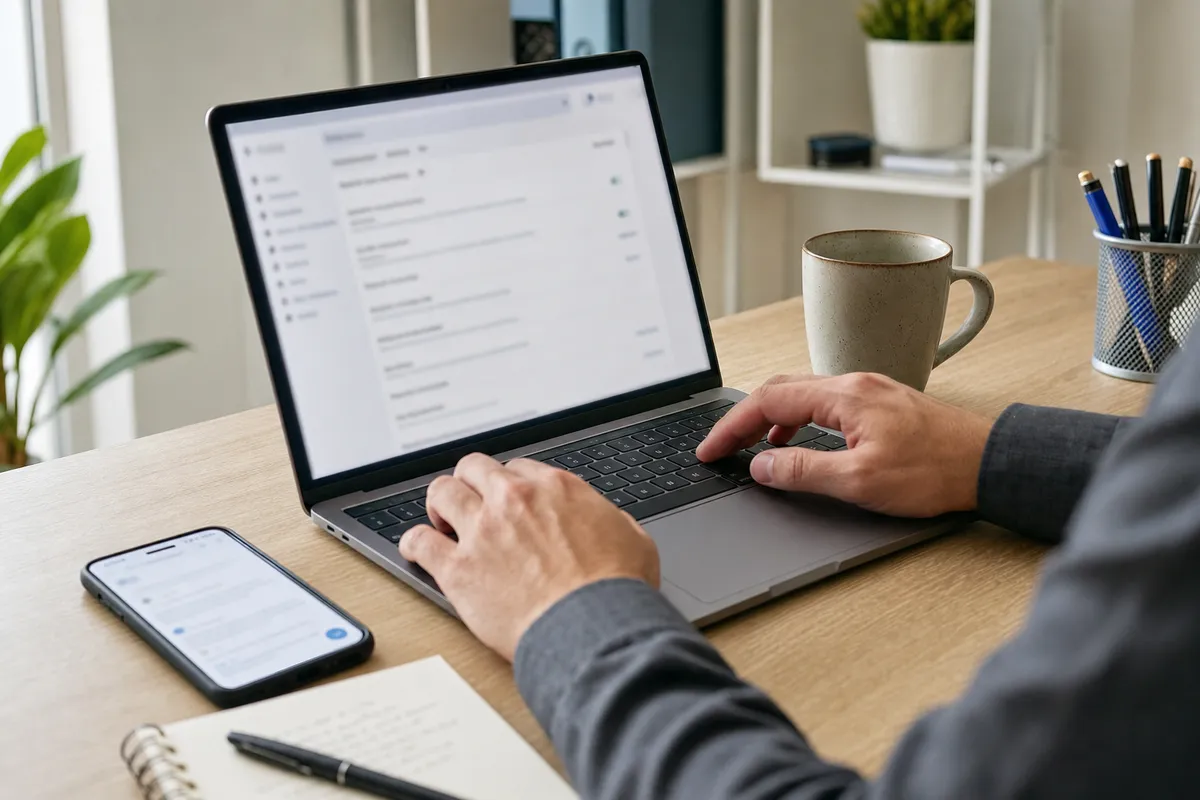 Mani su laptop con pagina impostazioni email sfocata, smartphone sul tavolo e tazza di caffè in un home office