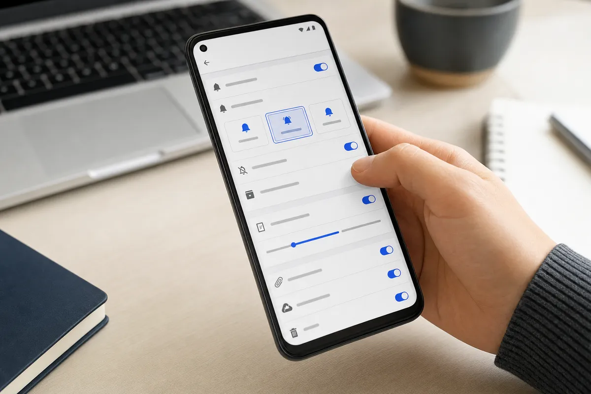Mano che usa uno smartphone Android con schermata di impostazioni e interruttori, con laptop sfocato sullo sfondo
