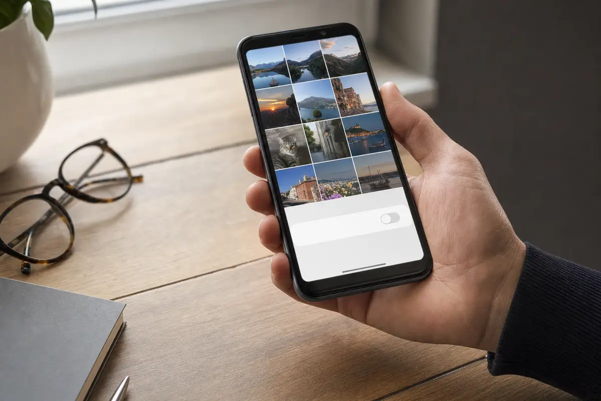 Smartphone in mano con galleria di foto a griglia e interruttore disattivato, su scrivania in legno con occhiali