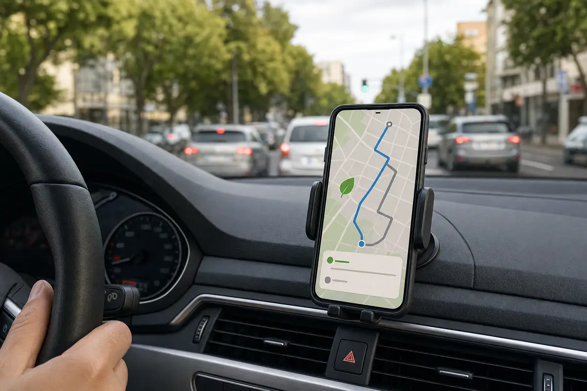 Smartphone sul cruscotto con mappa di navigazione e icona a foglia verde, auto in coda su strada urbana