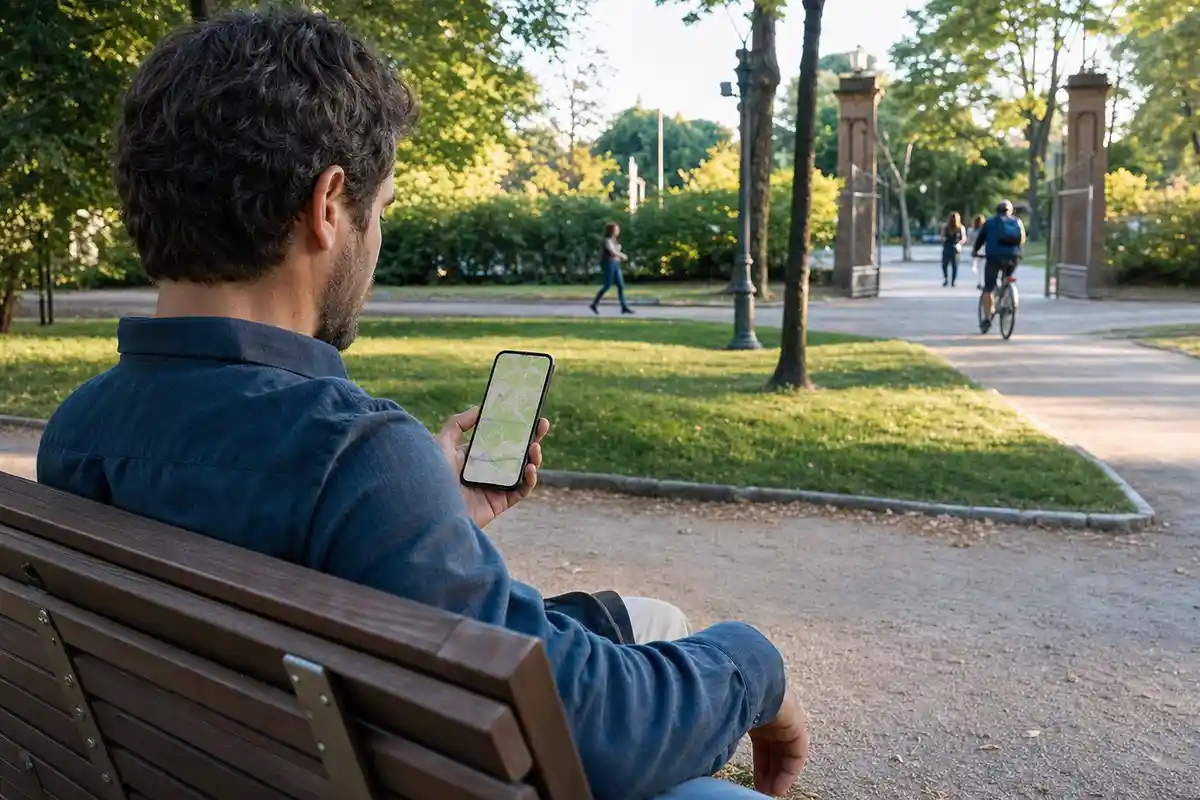 Uomo seduto su una panchina in un parco consulta una mappa sullo smartphone mentre persone e ciclisti passano sul viale