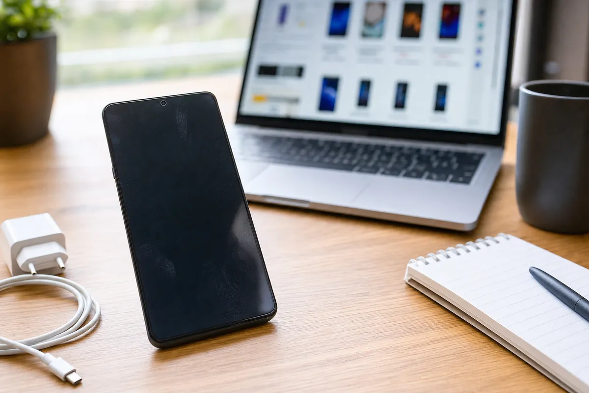 Smartphone con schermo nero su scrivania in legno, con laptop sfocato, cavo di ricarica, taccuino e tazza