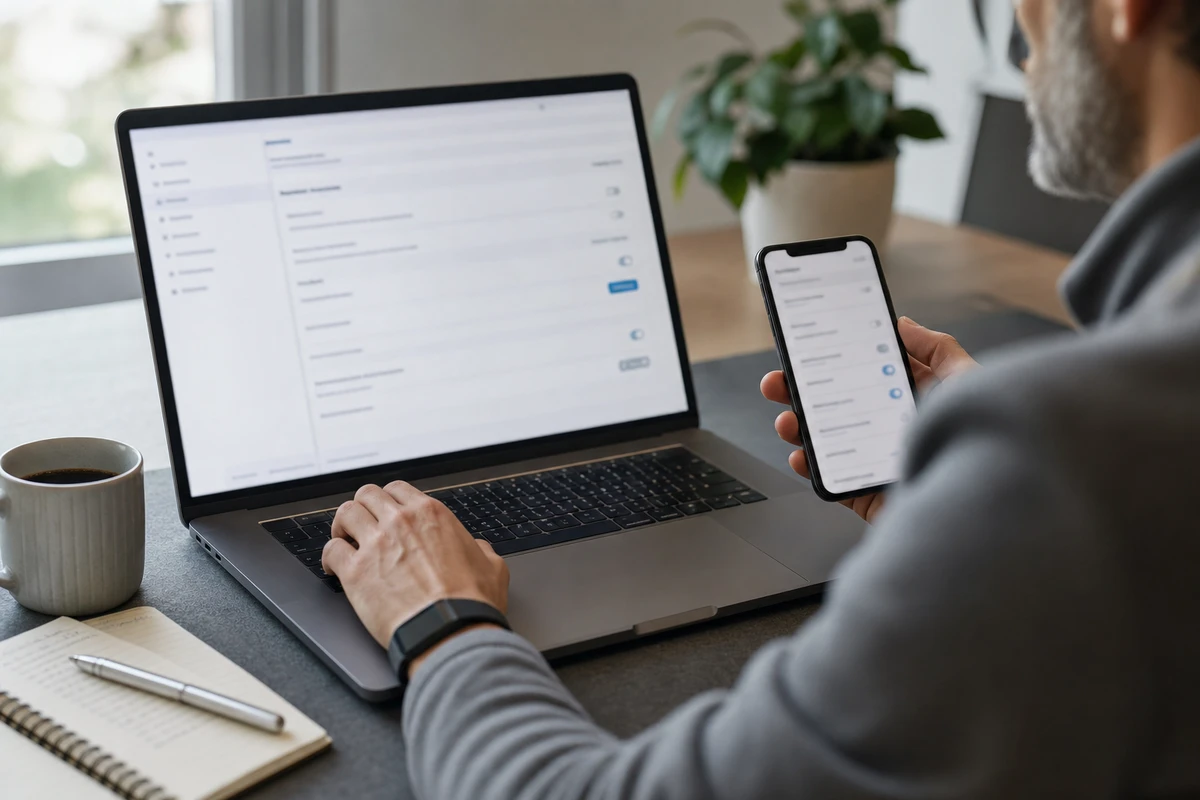 Persona al computer che controlla impostazioni di privacy su laptop e smartphone in un ufficio domestico