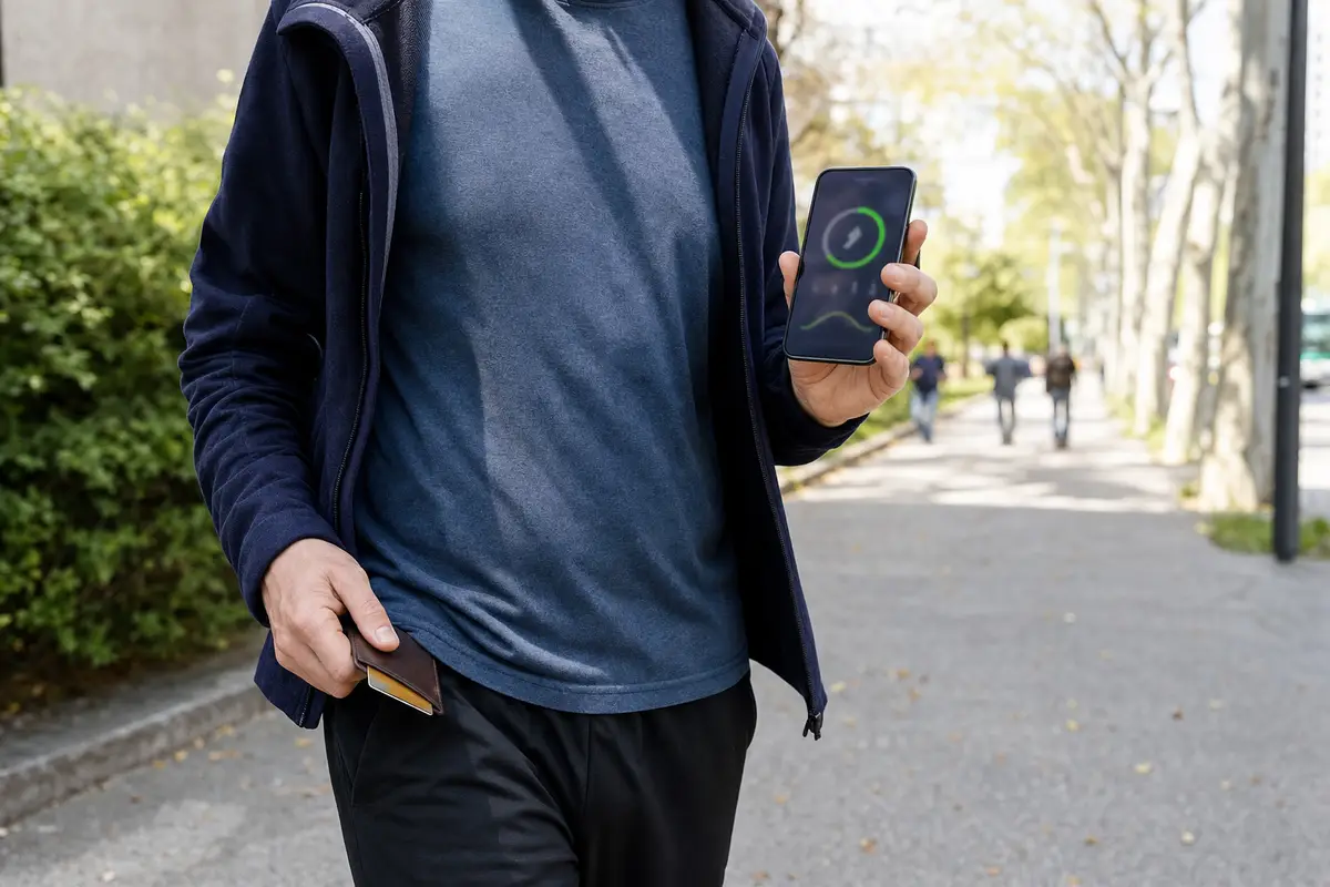 Persona che cammina su un viale cittadino mostrando uno smartphone con schermata di tracking e un portafoglio in mano