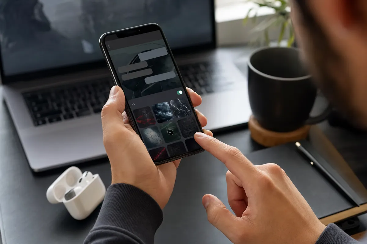 Mani che personalizzano lo sfondo di una chat su smartphone con temi scuri, con laptop sfocato e tazza sul tavolo