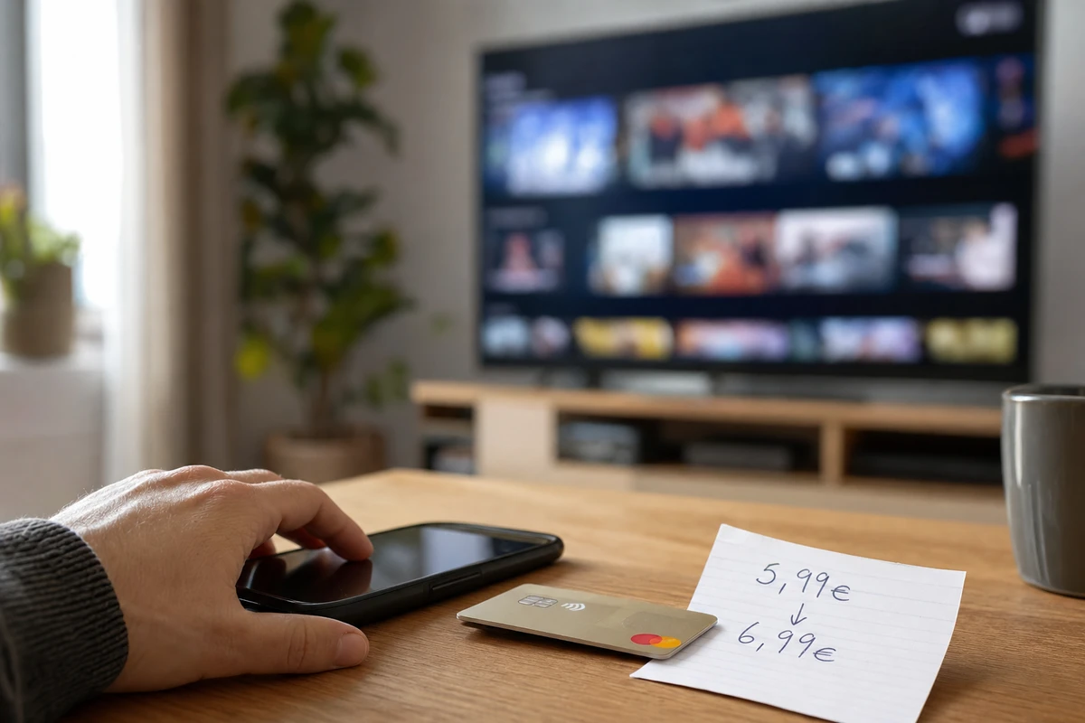 Smartphone e carta di pagamento su un tavolo con nota “5,99€ → 6,99€” e TV con streaming sfocato sullo sfondo
