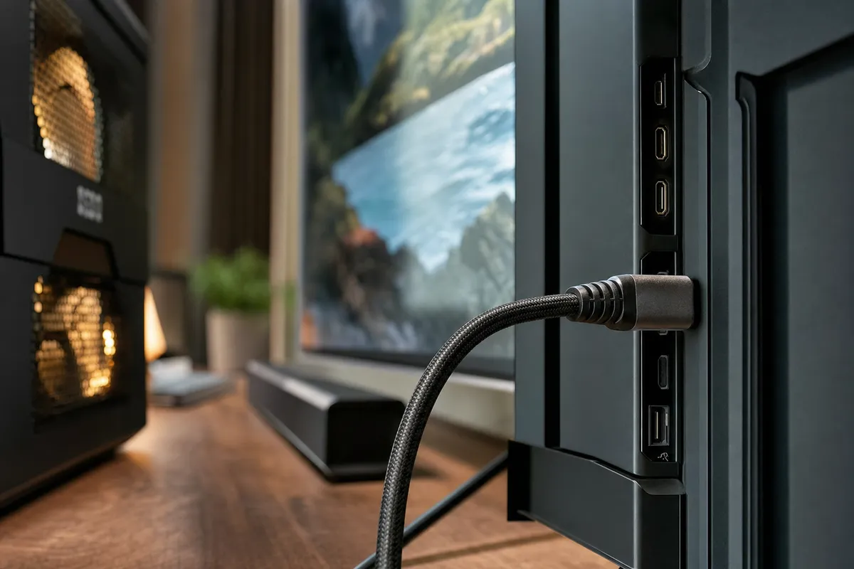 Cavo HDMI intrecciato collegato alla porta di una TV, con PC da gaming e soundbar sfocati sullo sfondo
