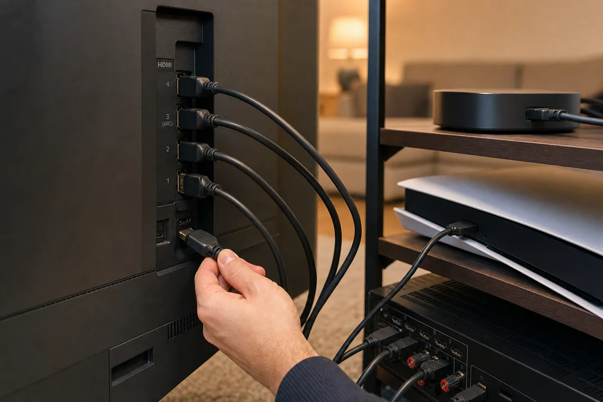 Mano che scollega un cavo HDMI dal retro di una TV con più porte HDMI collegate a dispositivi home theater