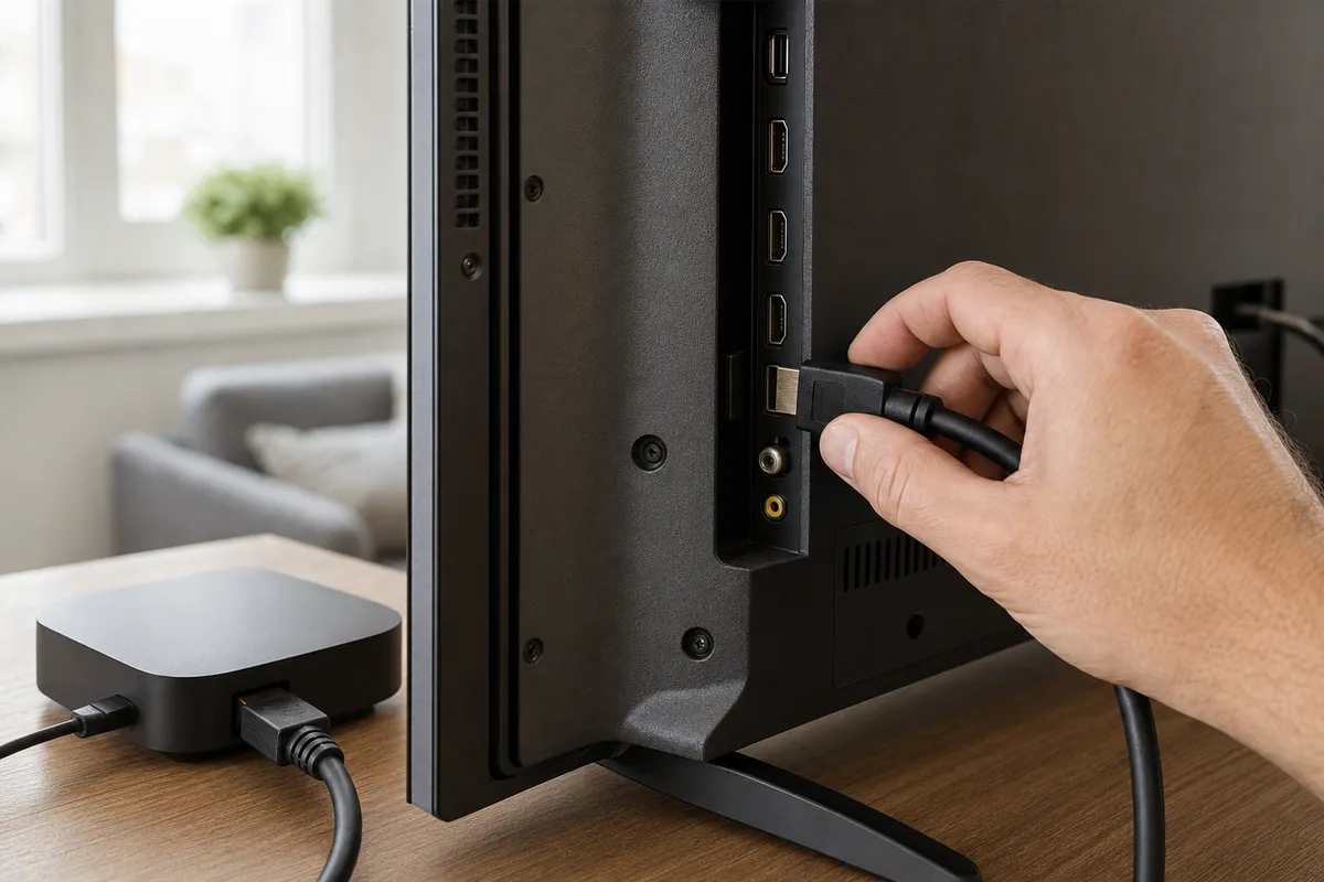 Mano che reinserisce un cavo HDMI nelle porte posteriori di una TV, con decoder sul mobile