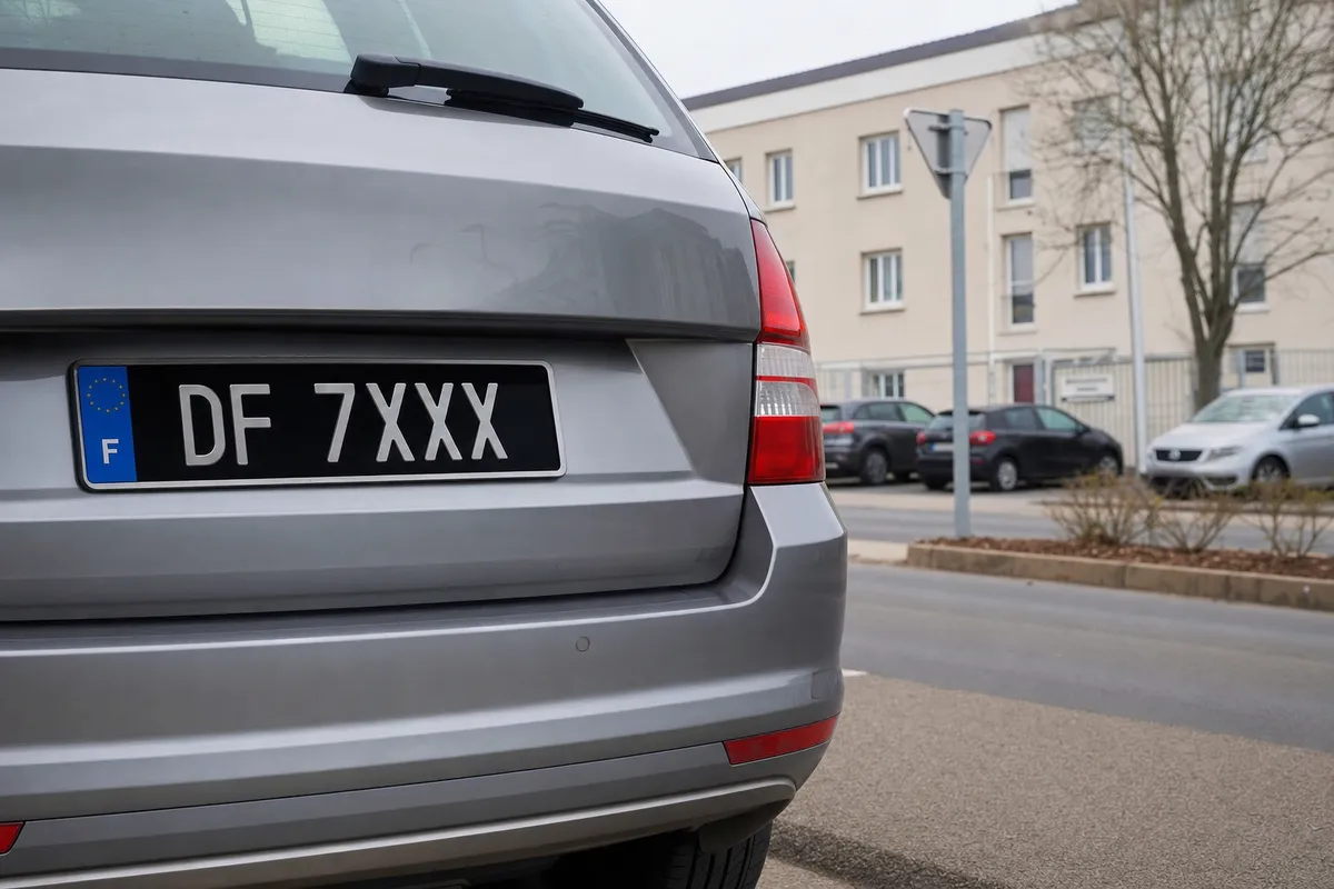 Retro di un’auto grigia con targa nera “DF 7XXX” e banda blu con la lettera F, su strada urbana