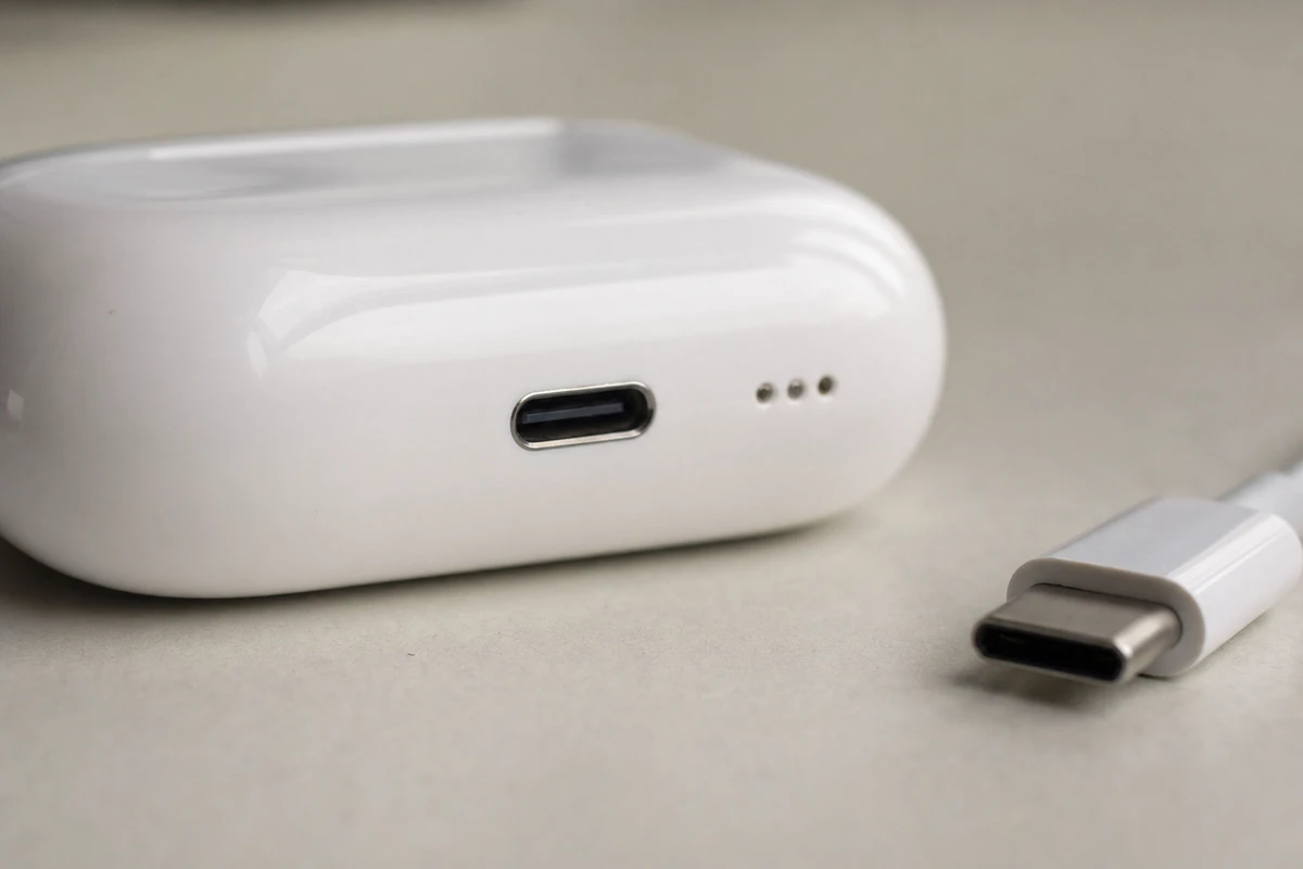 Primo piano della porta USB-C e di tre piccoli contatti metallici su una custodia bianca per auricolari