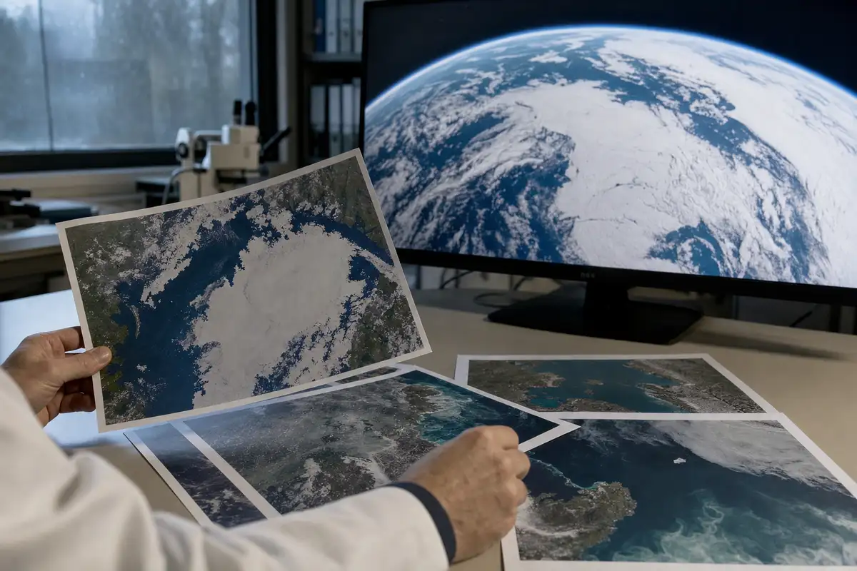 Mani di un ricercatore che esamina stampe satellitari di ghiacci e coste, con la Terra su un monitor sullo sfondo