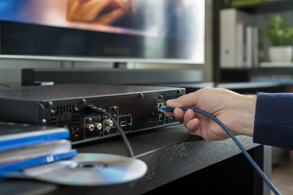 Mano che collega un cavo Ethernet al retro di un lettore Blu-ray, con dischi su un ripiano e TV sfocata sullo sfondo