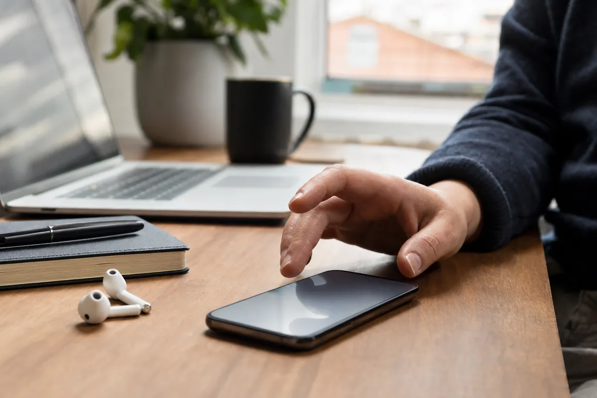 Mano vicino a uno smartphone su una scrivania in legno con laptop sfocato, taccuino, penna e auricolari