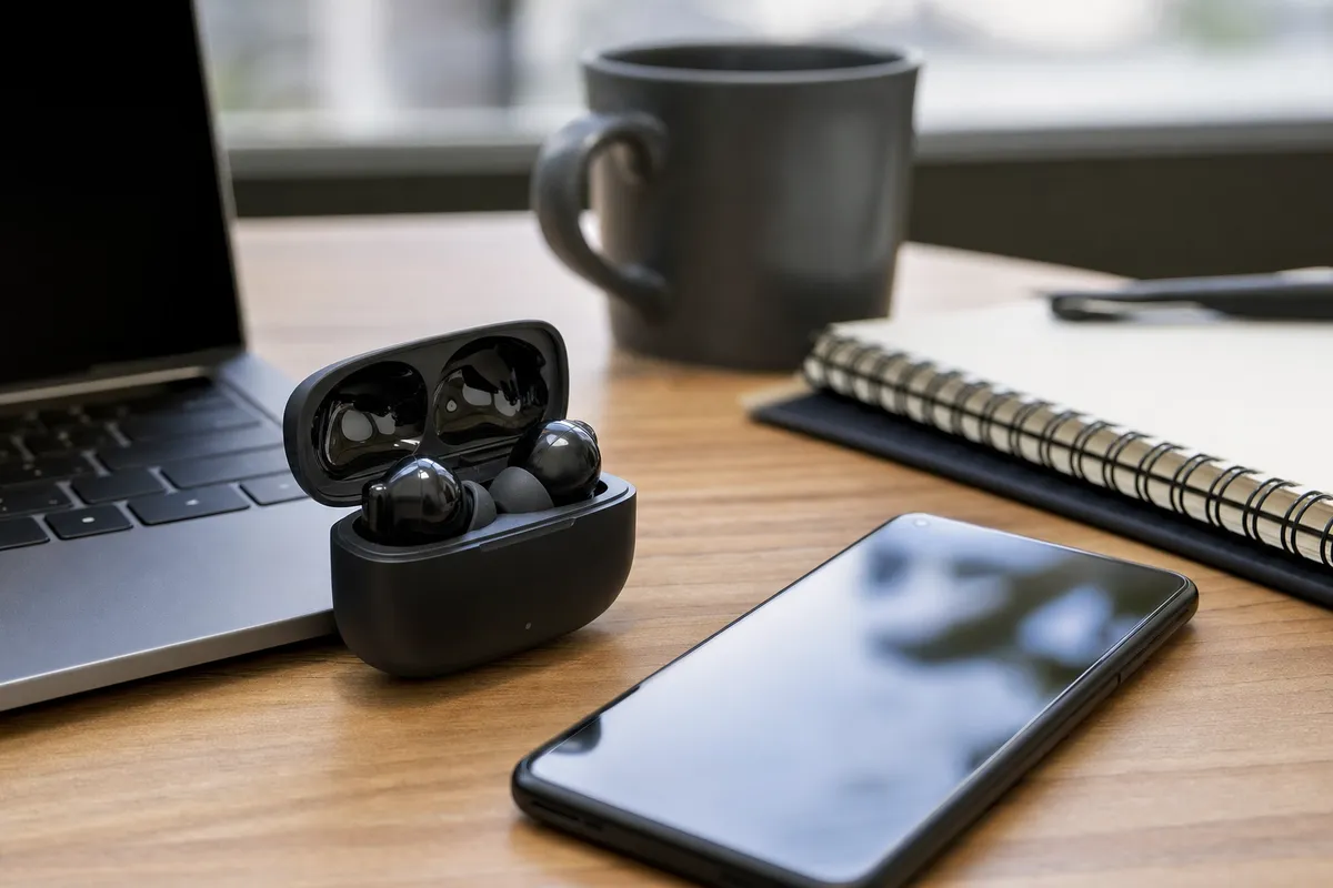 Auricolari wireless in custodia aperta accanto a uno smartphone su una scrivania, con laptop, tazza e quaderno