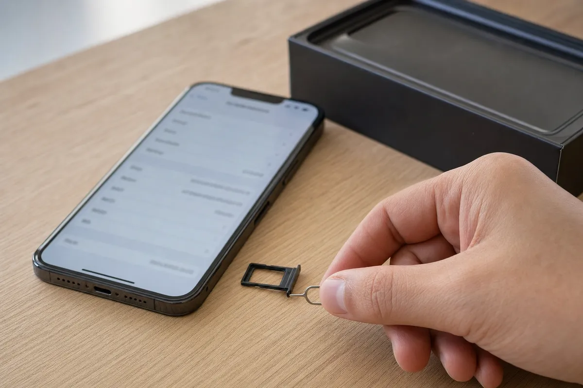Smartphone su scrivania con schermo delle impostazioni sfocato, carrellino SIM estratto e mano con graffetta di espulsione