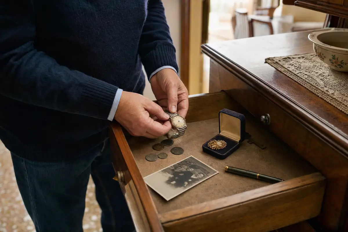 Mani che aprono un cassetto con orologio vintage, monete, penna e portagioie accanto a una foto in bianco e nero