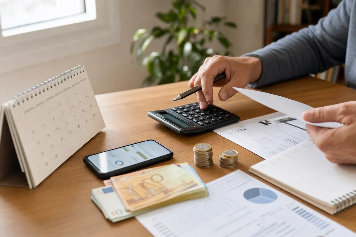 Mani al tavolo con calcolatrice, documenti finanziari, smartphone, calendario da scrivania e contanti in euro