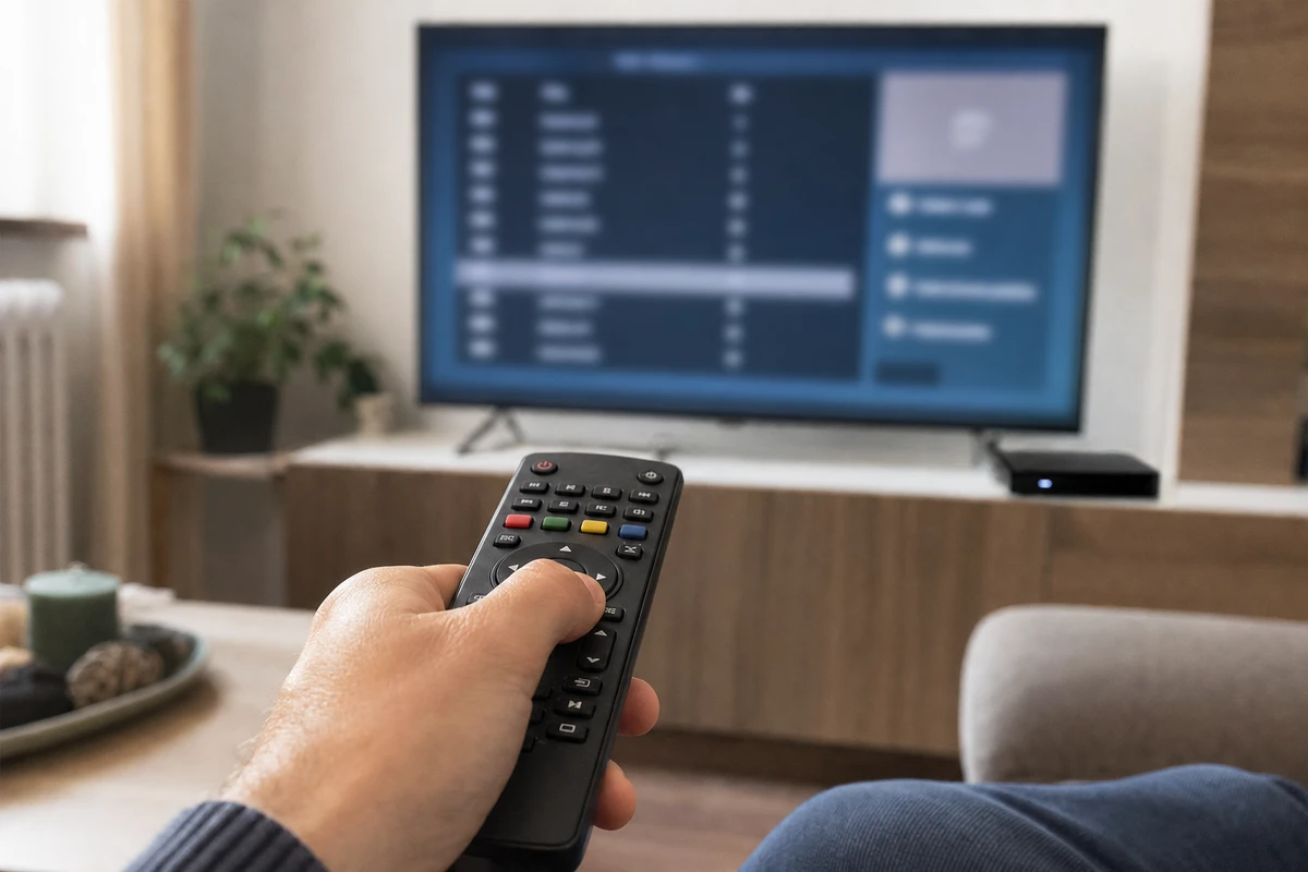 Mano con telecomando puntato verso TV con menu elenco canali sfocato in salotto