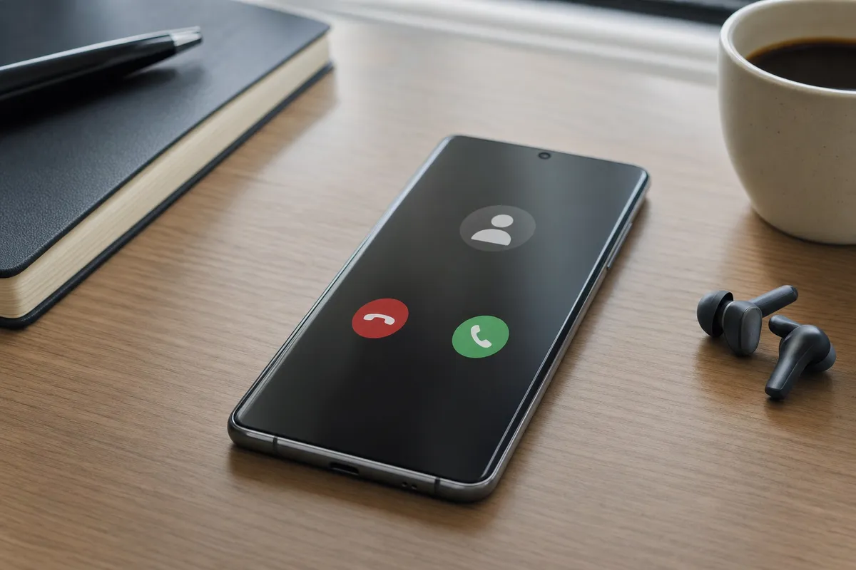 Smartphone su scrivania in legno con schermata di chiamata in arrivo, accanto a auricolari, taccuino e tazza di caffè