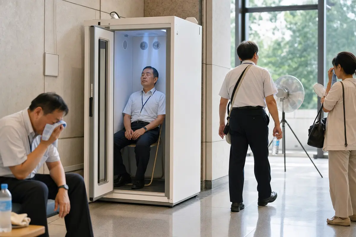 Cabina refrigerata tipo frigorifero con porta aperta e uomo seduto all’interno, in un atrio con persone accaldate e