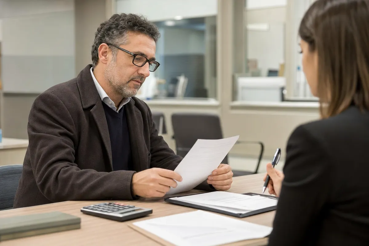 Risparmiatore seduto a una scrivania consulta un documento con una consulente; sul tavolo ci sono fascicoli e calcolatrice