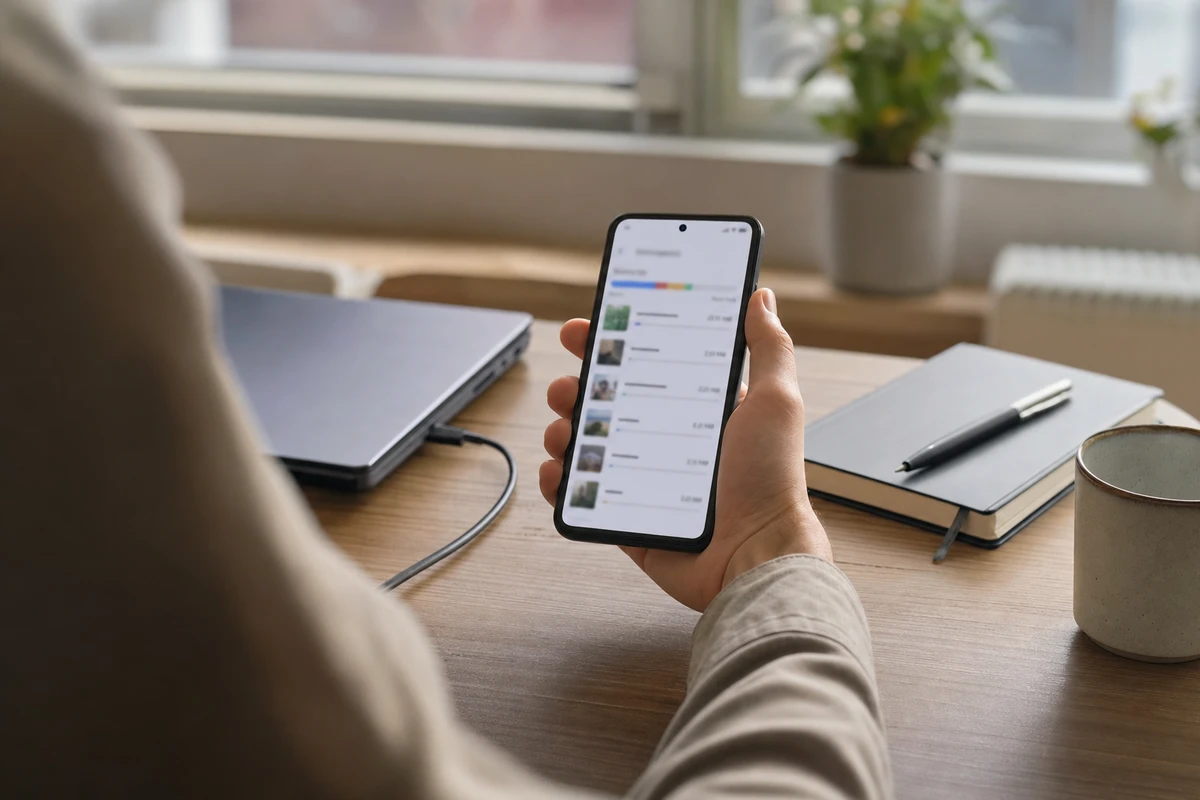 Mano che tiene uno smartphone con schermata di gestione memoria, su scrivania con laptop, cavo e taccuino