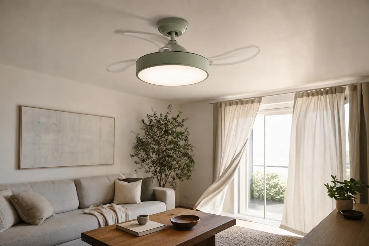 Plafonnier con ventilatore a pale trasparenti retrattili in un soggiorno luminoso con tende mosse dall’aria