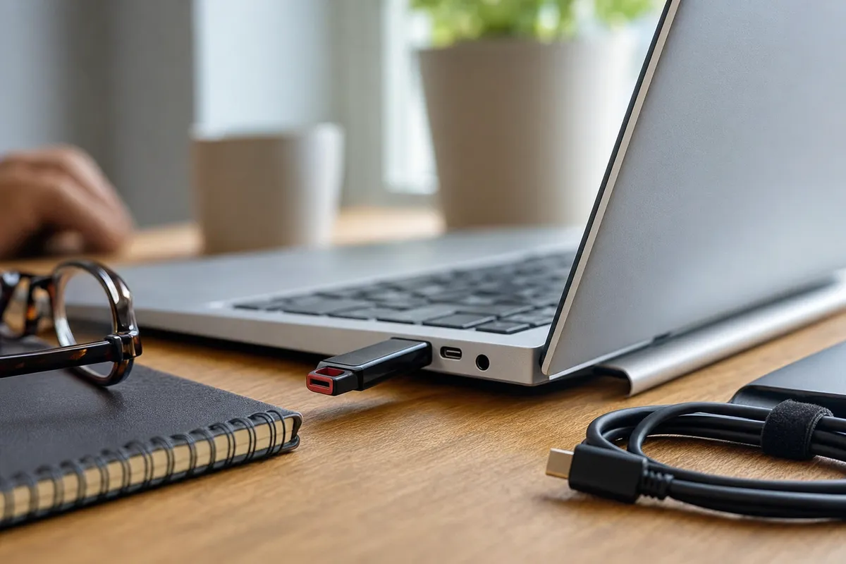 Chiavetta USB inserita nel lato di un laptop su scrivania, con quaderno, occhiali e cavo arrotolato