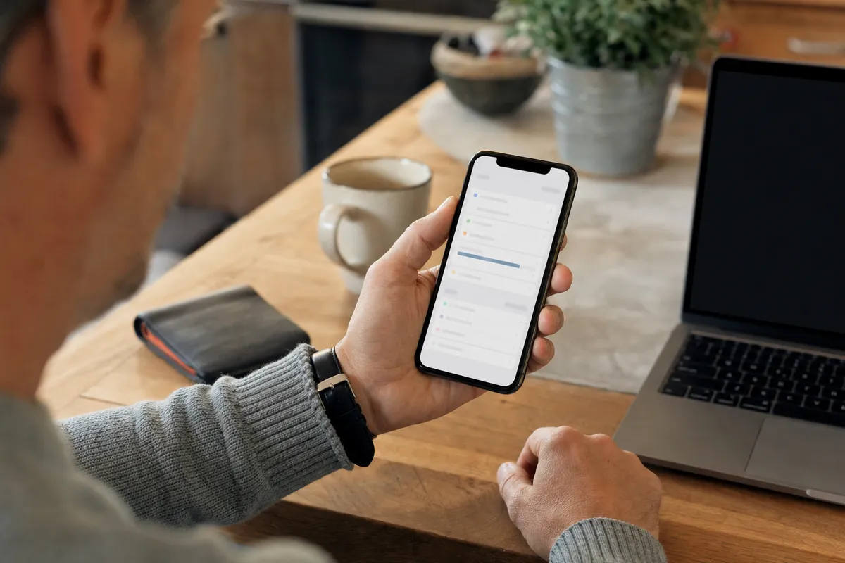 Persona al tavolo guarda le impostazioni di archiviazione su uno smartphone, con laptop e tazza sullo sfondo