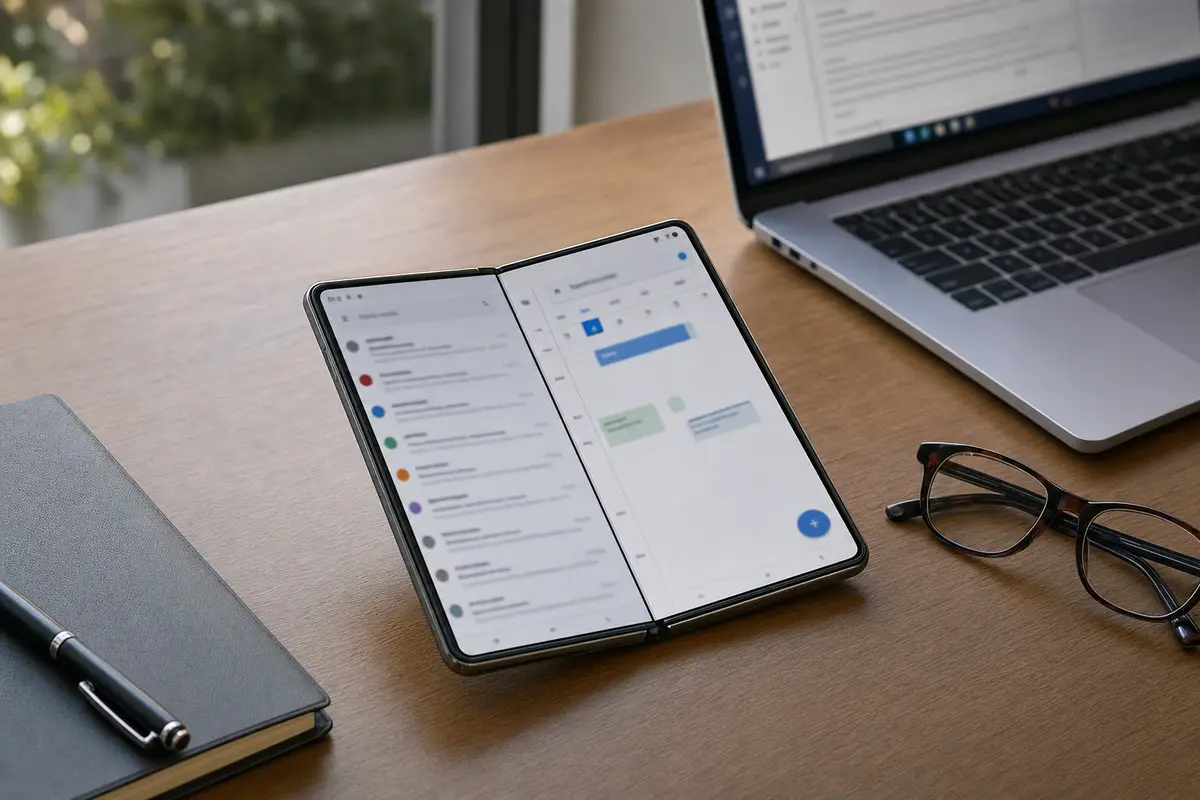 Smartphone pieghevole aperto su scrivania con interfaccia email e calendario, laptop sullo sfondo e occhiali